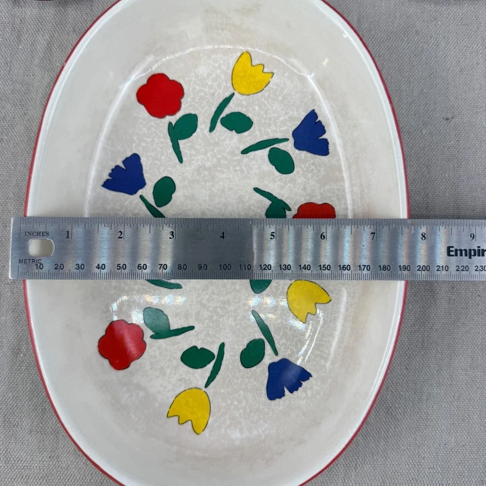 Vintage Tulip Pattern Baker‎ Set w/ Red & Yellow Wire Carriers MCM Pottery